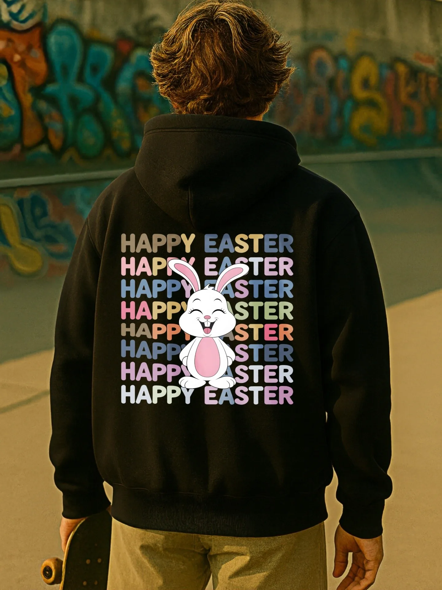 هوديي رجالي، رسم أرنب عيد الفصح مطبوع عليه رسوم كرتونية، نمط كاجوال، مبطن بالصوف، للارتداء اليومي، للرجال #2