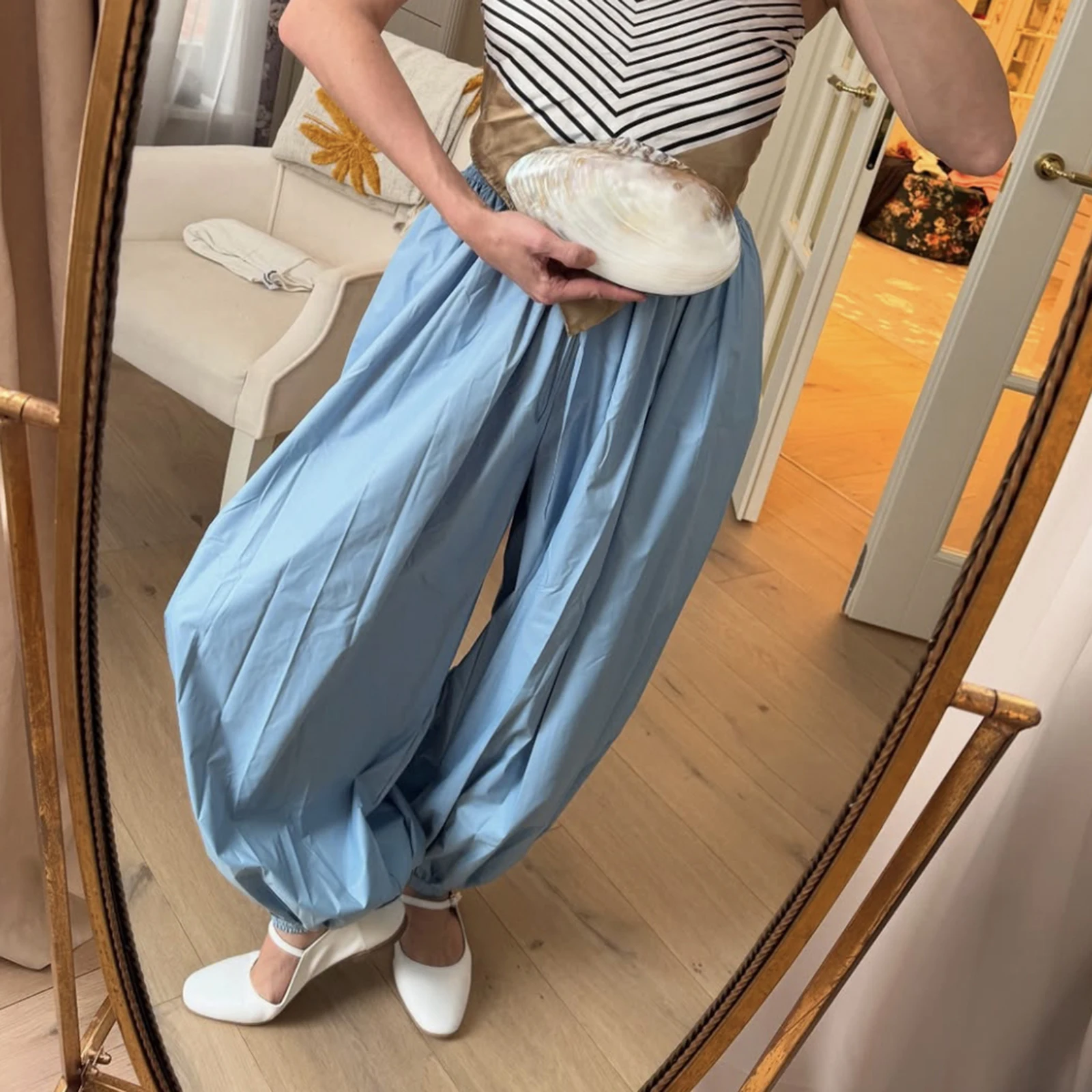 Women s Loose Lantern Slacks Pants Casual Elastic Waist Solid Color Baggy Trousers for Beach Travel Vacation
