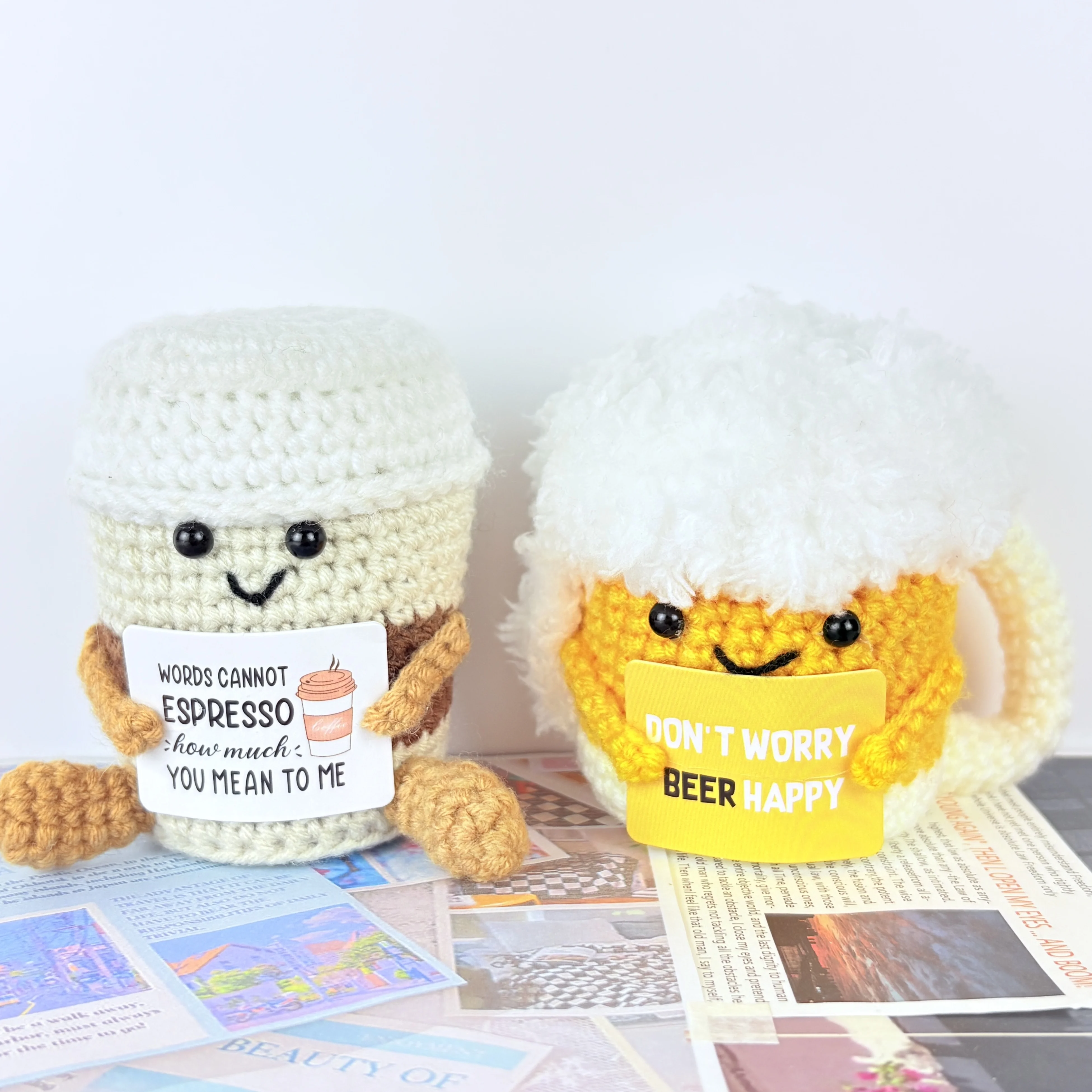 Funny Positive Crochet Potato Coffee Beer Cup Doll Desktop Ornament Handmade Cheer Emotional Support Positive Home Party Decor