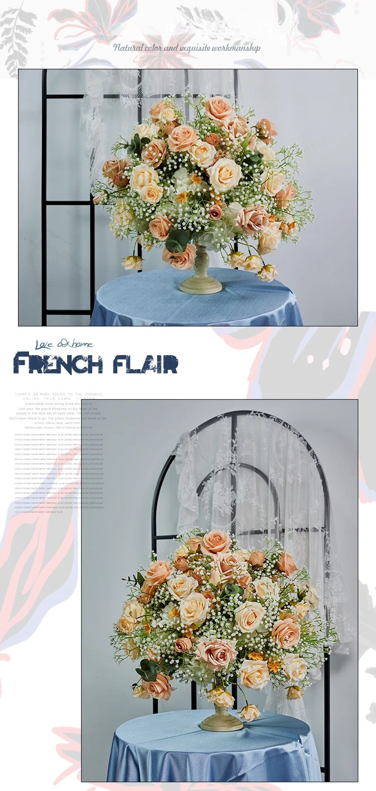 Maßgefertigte Champagner-Kunstblumen-Kugel mit Rosen und Schleierkraut, Blumenkugel als Hochzeitstischdekoration für Events, Großhandel – Detail 7