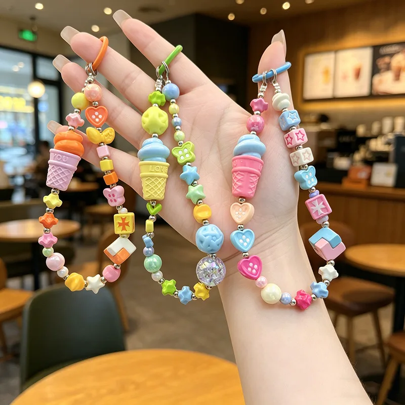 Candy Color Ice Cream Bowknot Lanyard Keychain Women's Hand-held Chain Anti-lost Cell Phone Case Keyring Pendant for Girl Women