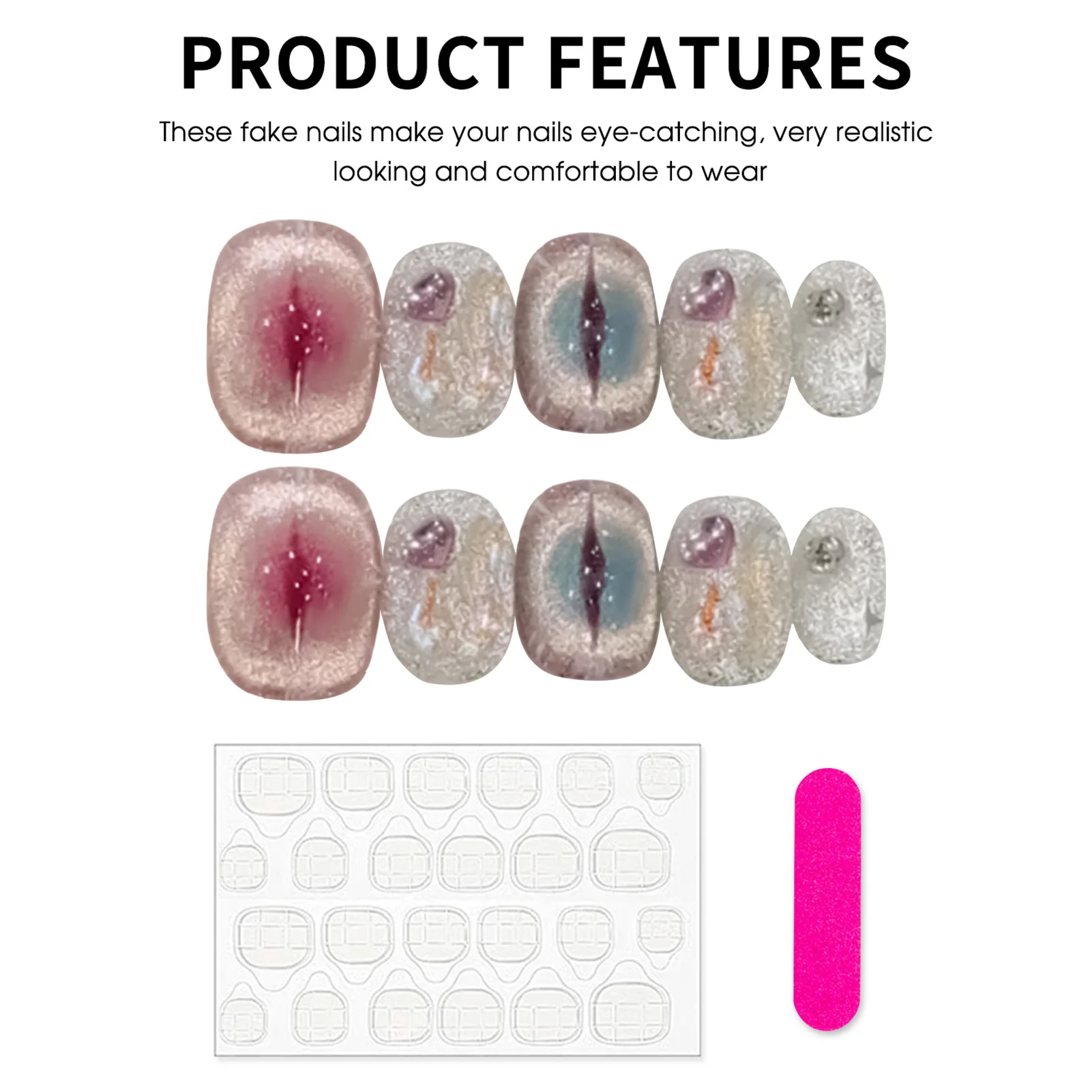 Handgemachte kurze erröten Anime Press On Nails mit Kristall Katzenauge Design 10 Stück quadratische falsche Nägel bunte Strass Dekoration