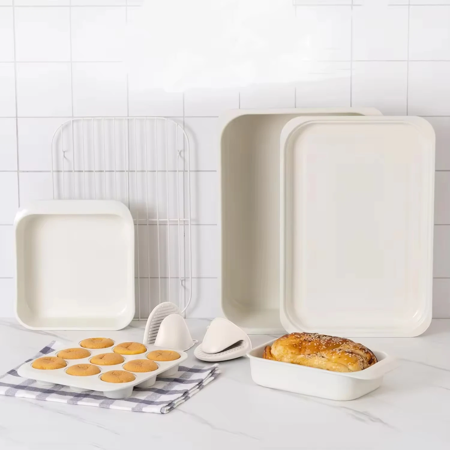 8 Pieces Cream Non-Stick Stackable Baking Pan Set Deluxe Heavy-Duty Durable Easy Loose Baking Set