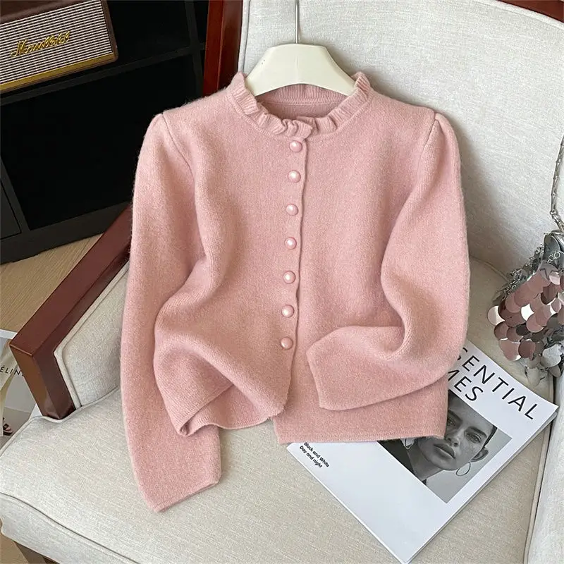 

New Simplicity Long Sleeve Button Elegant Cardigan Autumn Long Sleeve O-neck Solid Fashion Sweaters Korean Sweet Women Clothing