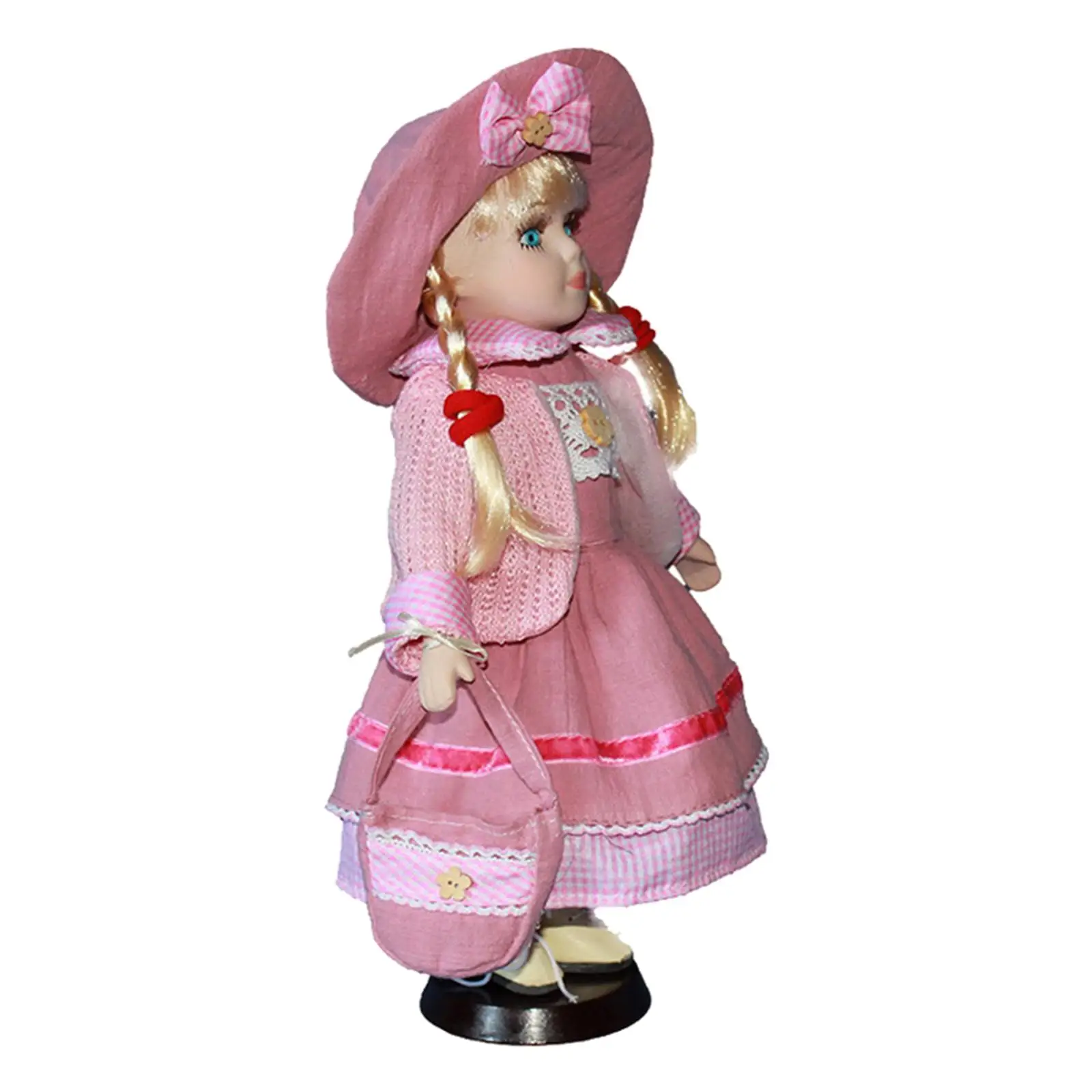 30cm Victorian Porcelain Doll with Pink Clothes & Stand Home Display Decor