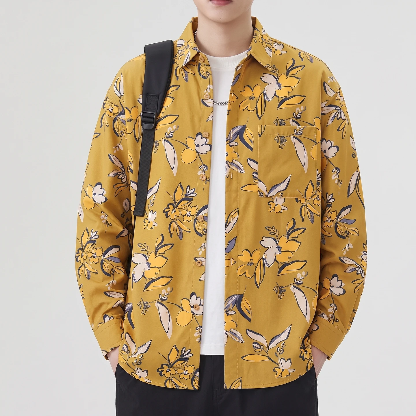 2026 Autumn New Style Men's Fashion Trend Hawaiian Style Flower Shirt Loose Shoulder Full Pattern Long Sleeve Daily Casual Versa
