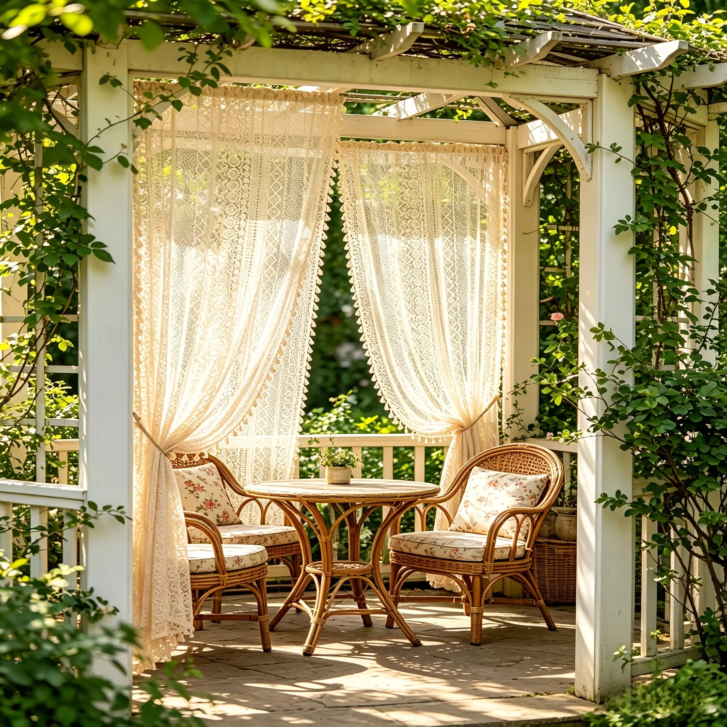 1PC Boho Garden Pavilion Curtains, Lace Sheer Curtain with Fringe, Vintage Courtyard Door Curtain, Outdoor Balcony Window Decor,