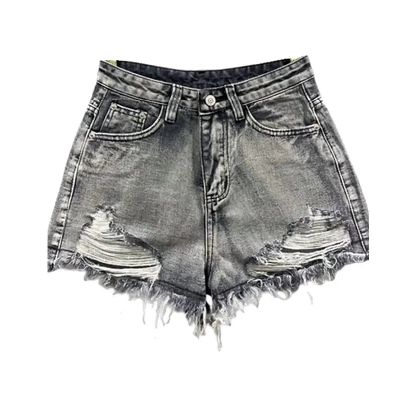 Jambes portées avec bords rugueux short en jean noir délavé 2025 été nouvelles femmes mode a-ligne jambe large trou déchiré Denim court