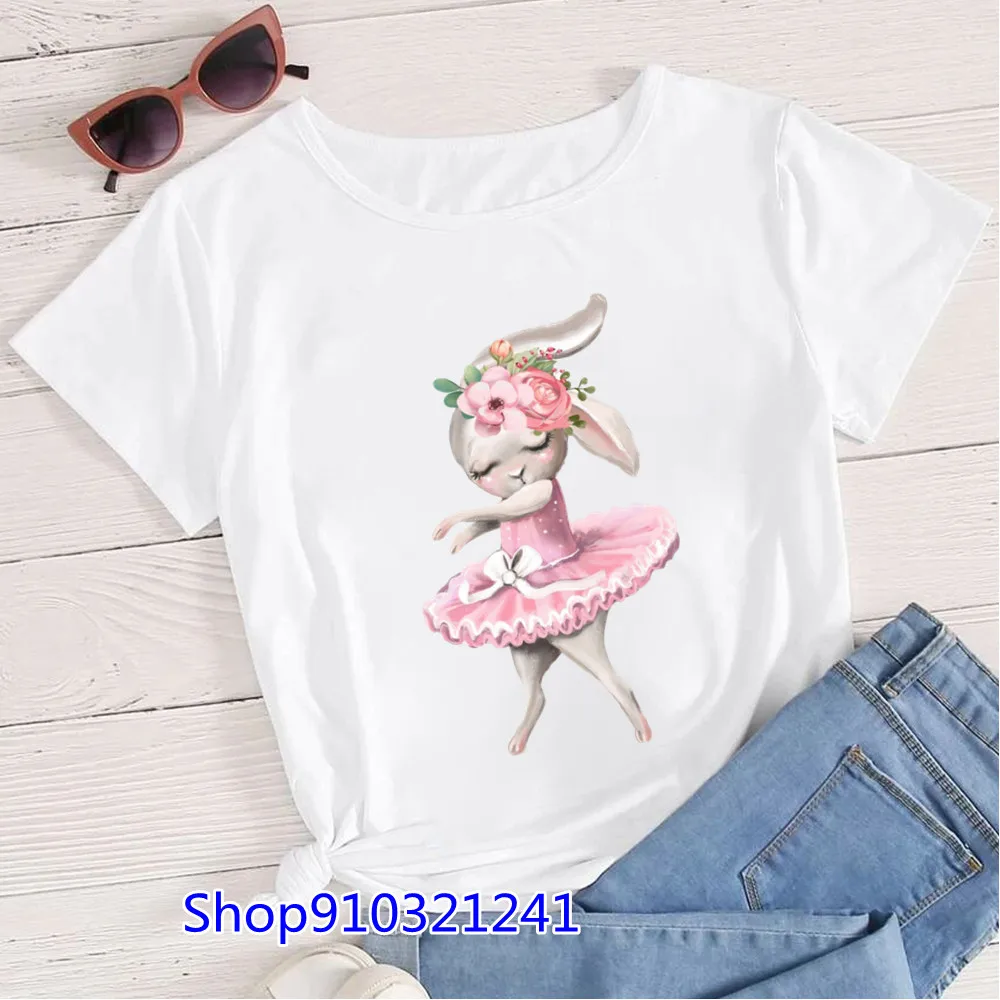 

Ballet Bunny Short Sleeve Sweet Flower Fashion Summer Women Print Animal T Shirt Female Casual Top Tshirts Cartoon Graphic Tee