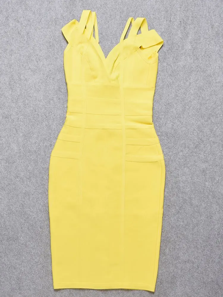 Vestido elástico hasta la rodilla de celebridad, amarillo desnudo, doble correa, cuello en V, vestido Bandage HL, barato, XL, naranja, vestido ajustado de color caqui