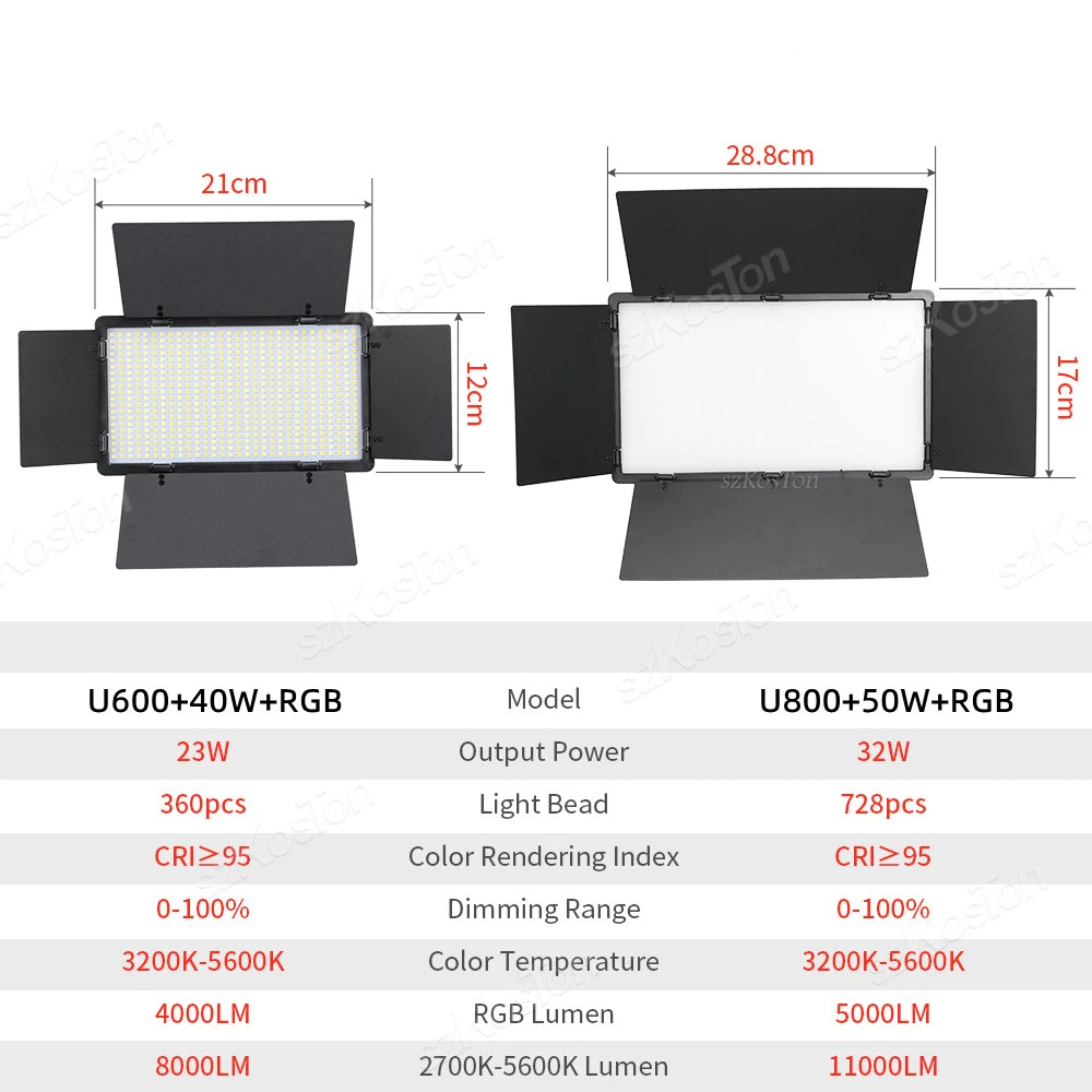 U800 RGB Video Lights Panel Lighting Photography Studio Lamp Bi-color DSLR Fill Lighting For Shoot Live Streaming Youtube Camera