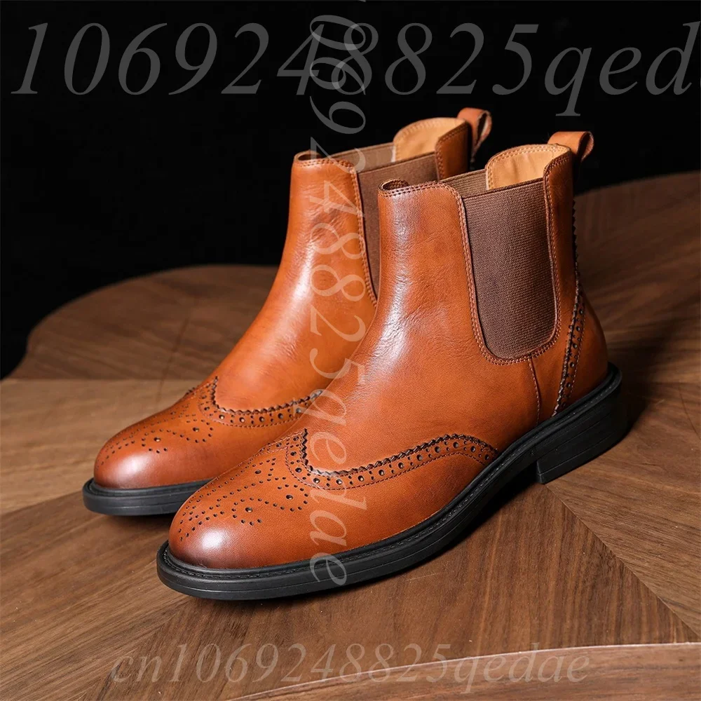 Chelsea Ankle Boots Brogue Wingtip Detail Elastic Side Band Pull Tab Non-Slip Rubber Sole, Comfortable Durable Footwear for Men