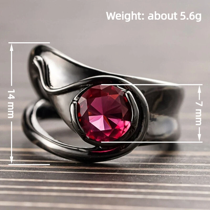 Huitan Vintage Twist Unregelmäßige Runde Rote Zirkonia-Ringe für Damen Schwarz Gunmetal Beschichtet Täglicher Party-Schmuck Einzigartiger Damenschmuck – Detail 1