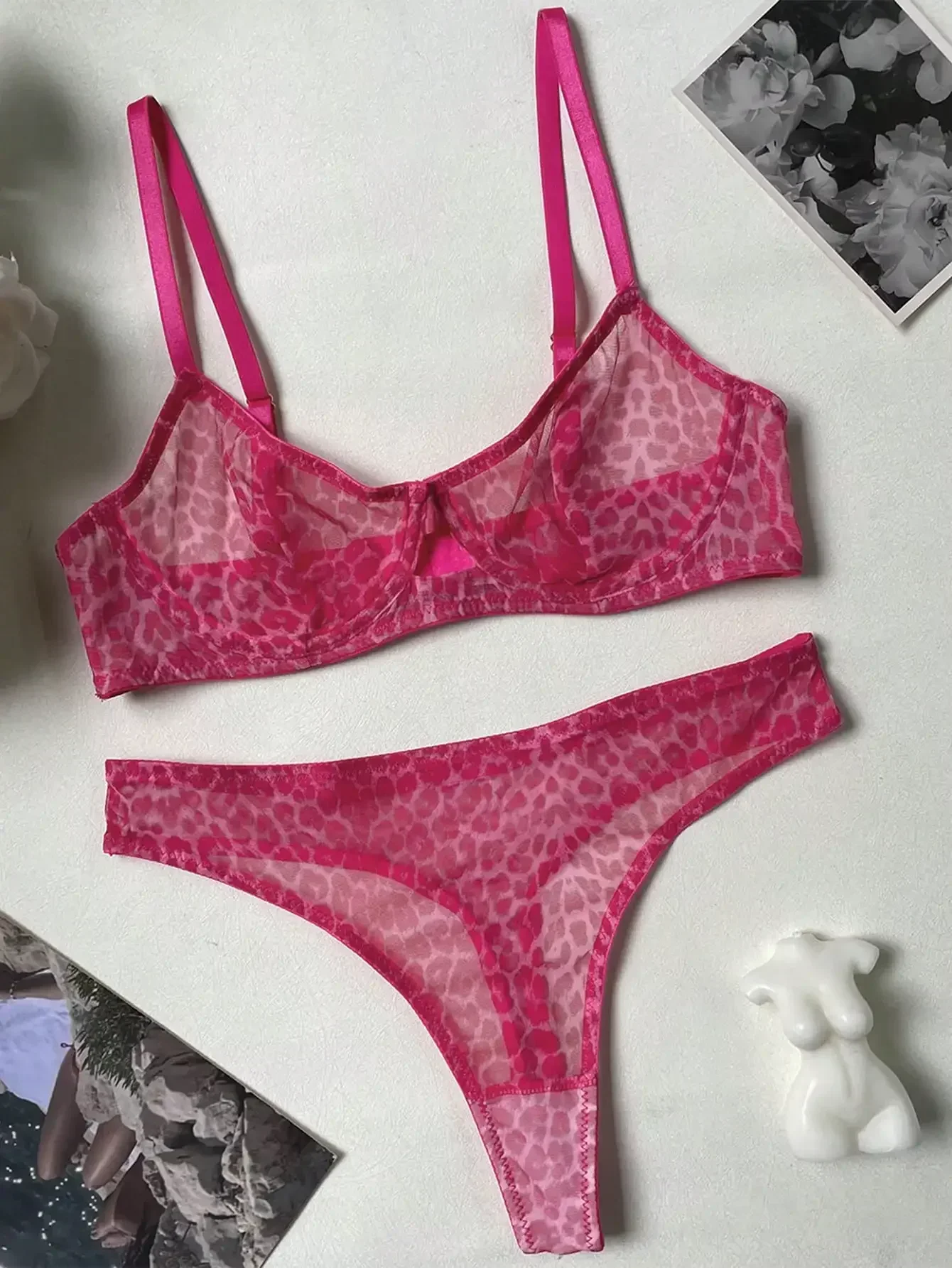 Seamless Pink Leopard Printed Ultra-thin Underwear Sexy Lace Lingerie Adjustment Gathered Underwire See Through Bra Set