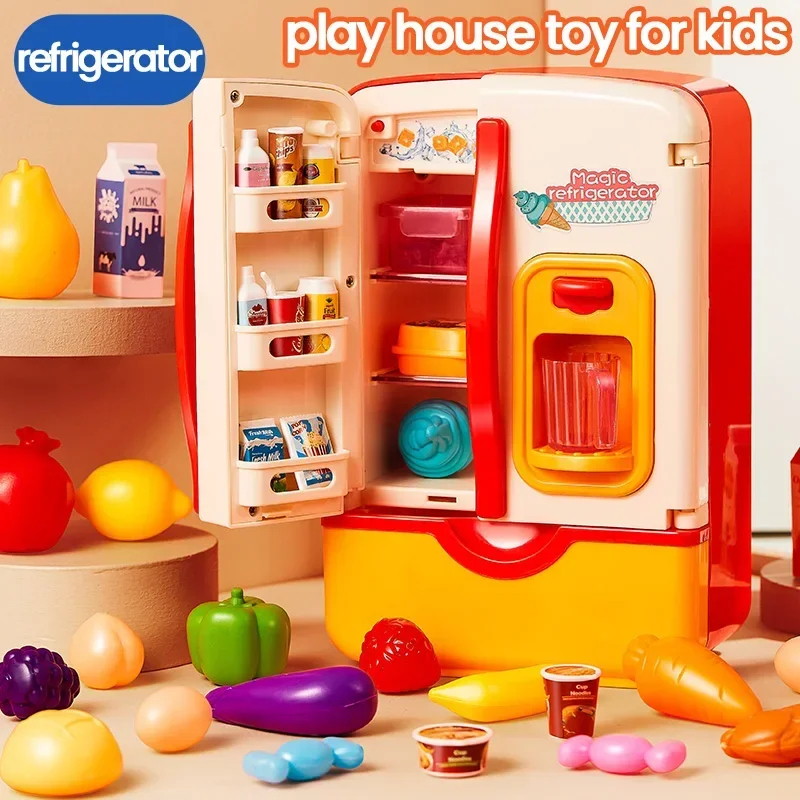 Frigorifero elettrico con spray leggero Set da gioco di finzione per cucina per bambini Mini set di accessori per alimenti Giocattolo per casetta da gioco per bambini