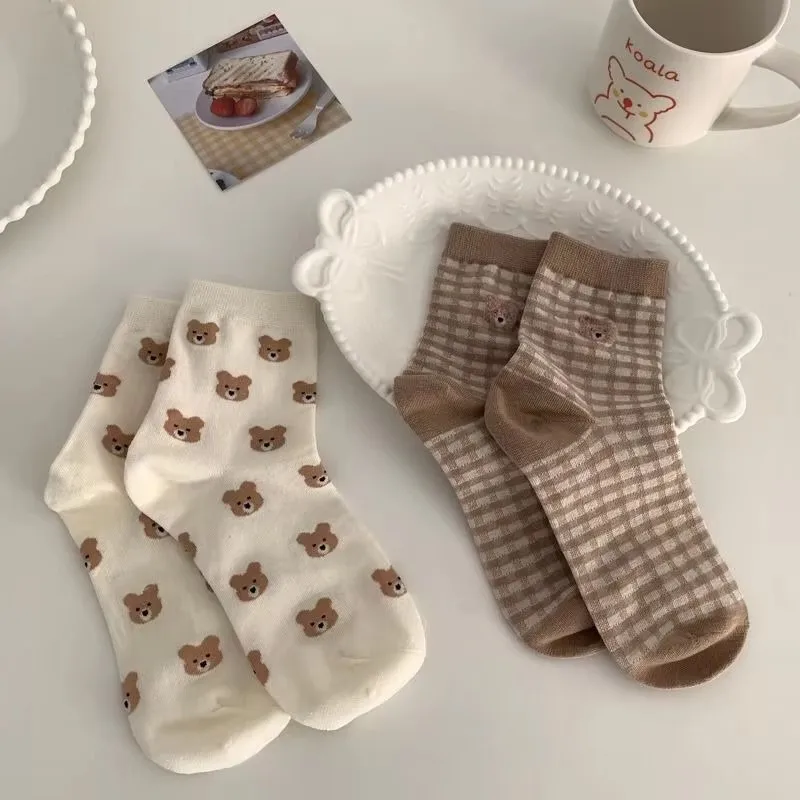 1/3 pairs Creative New Brown Bear Socks Female Middle Tube Socks Japanese Cute Small Fresh Wild Student Socks Autumn and