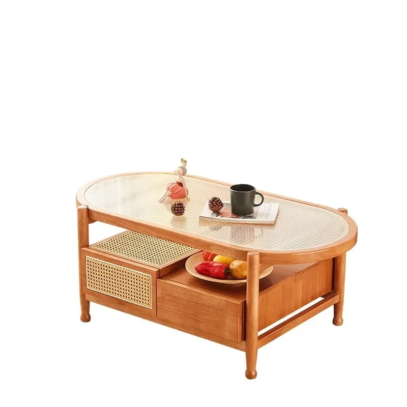 Oval Solid Wood Rattan Coffee Table with Drawers Japanese Style Round Side Table for Living Room Small Apartment Home Decor