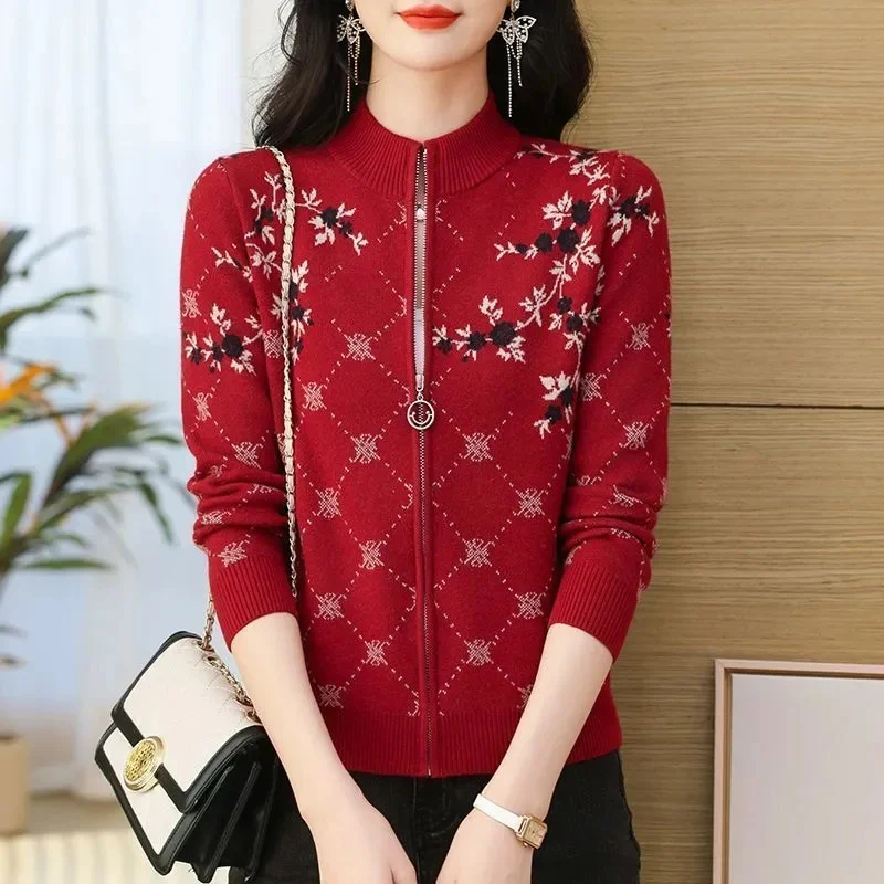 2025 Vrouwen Jacquard Truien Vest Lente Herfst Dames Stand Kraag Trui Jas Koreaanse Vrouwelijke Lange Mouwen Breien Jas