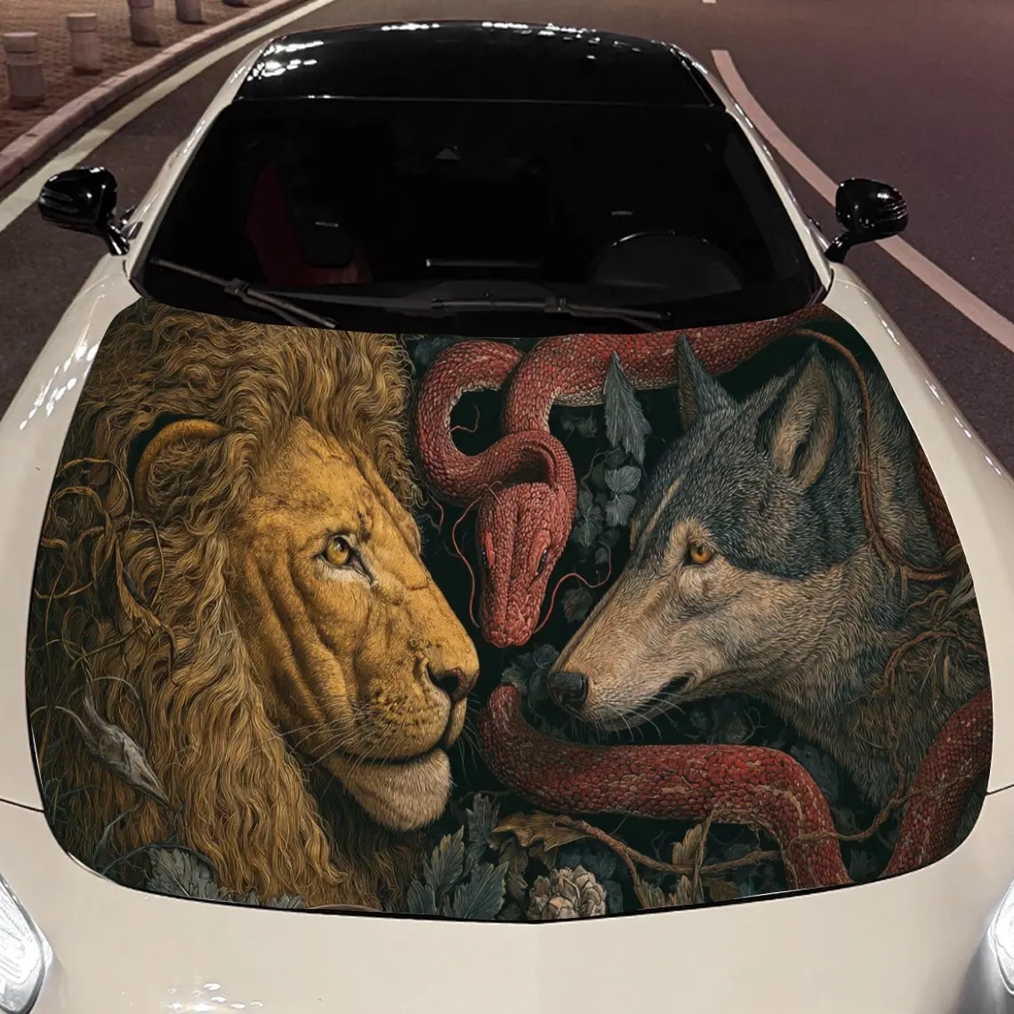 Eye-Catching Lion Wolf Snake Auto Cover Sticker, Waterproof and Self-adhesive Auto Hood Decal, Auto Vinyl Wraps, Cool Car Exteri