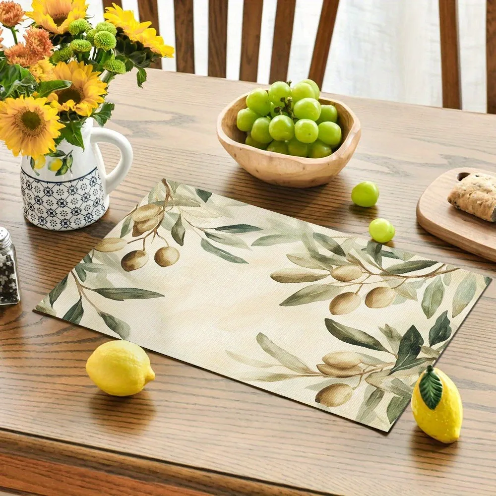 Watercolor Olive Branch Placemats Beige Textured Background Green Leaves Print Table Mat Mediterranean Farmhouse Dining Decor