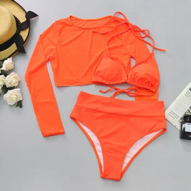 Sexy Neon orange Bikini 2024 Women Long Sleeve Mesh Cover Up 3 Piece Swimsuit High Cut Push Up Bathing Suit high waist Swimwear