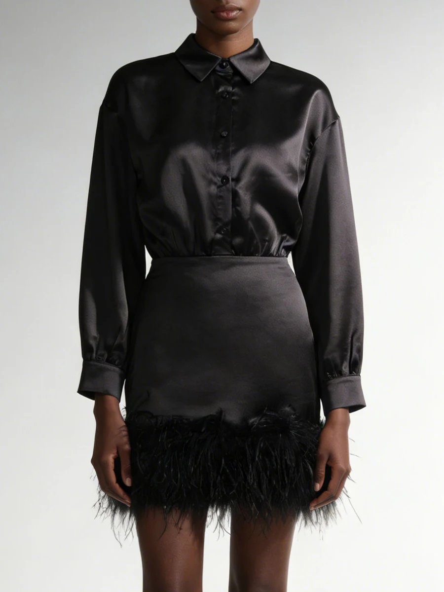 فساتين VGH صغيرة أنيقة للتخسيس من الساتان للنساء مع طية صدر السترة وأكمام طويلة وخصر عالٍ فستان أنيق من الريش موضة نسائية #2