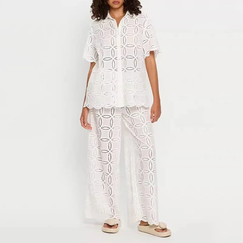 

Street Fashion Casual Pants Outfit Spring Women Embroidered Hollow Shirt+High Waist Straight Wide Leg Pants Summer Two Piece Set