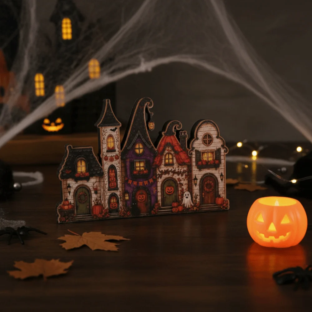 Wooden Wooden Haunted House Multi-layer Vintage Finish Halloween Village Decor Durable Craft Flat Base Rustic Autumn Ornament