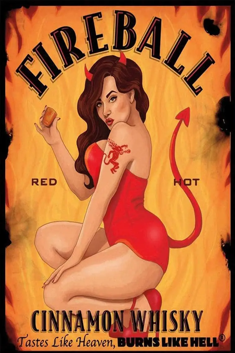 Retro Tin Sign Fireball Whisky Devil Girl Cat Vintage Aluminum Sign for Backyard Home Poster Kitchen Restaurant Coffee Wall Deco