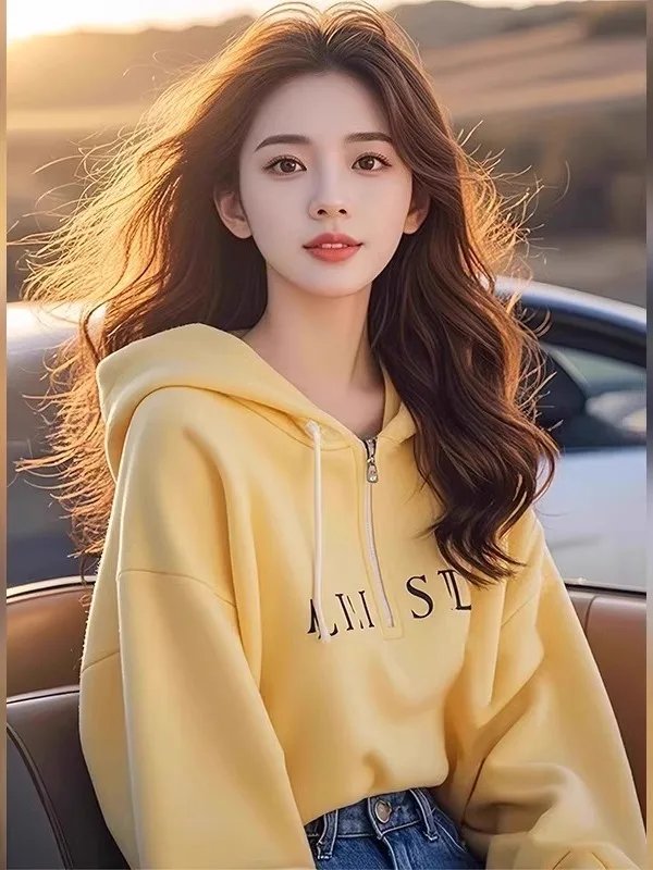 

Женская толстовка на молнии с желтой флисовой подкладкой, осенне-зимняя, в корейском стиле, повседневная, универсальная, модная, молодежная.