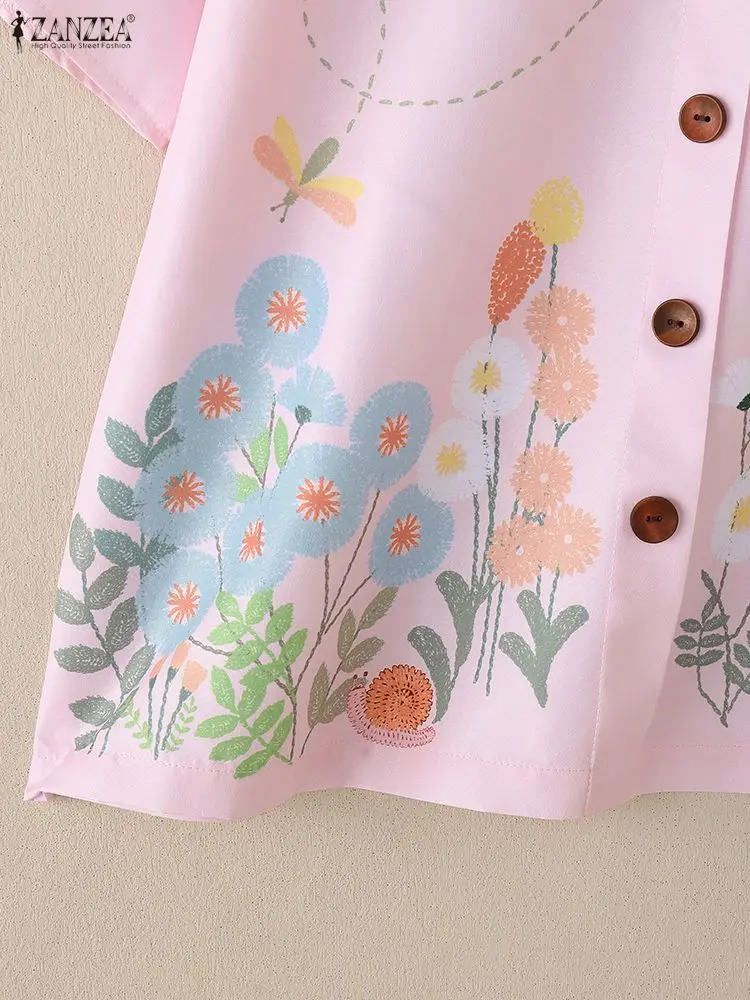 ZANZEA البوهيمي الأزهار طباعة البلوزات المرأة الصيف 2025 س الرقبة قصيرة الأكمام أزرار بلايز كل يوم لباس غير رسمي ملابس امرأة S-3XL #5