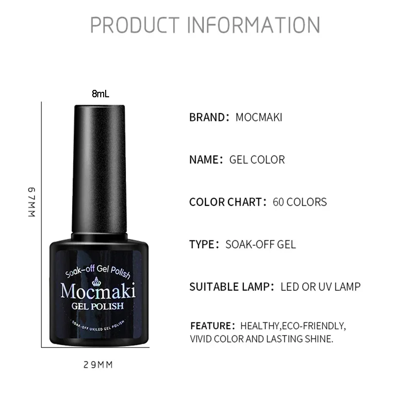 Mocmaki-esmalte en Gel semipermanente para uñas, barniz para uñas semipermanente Gellack Nail Art Salon, 60 colores de purpurina, Soak off, UV LED, 8mL