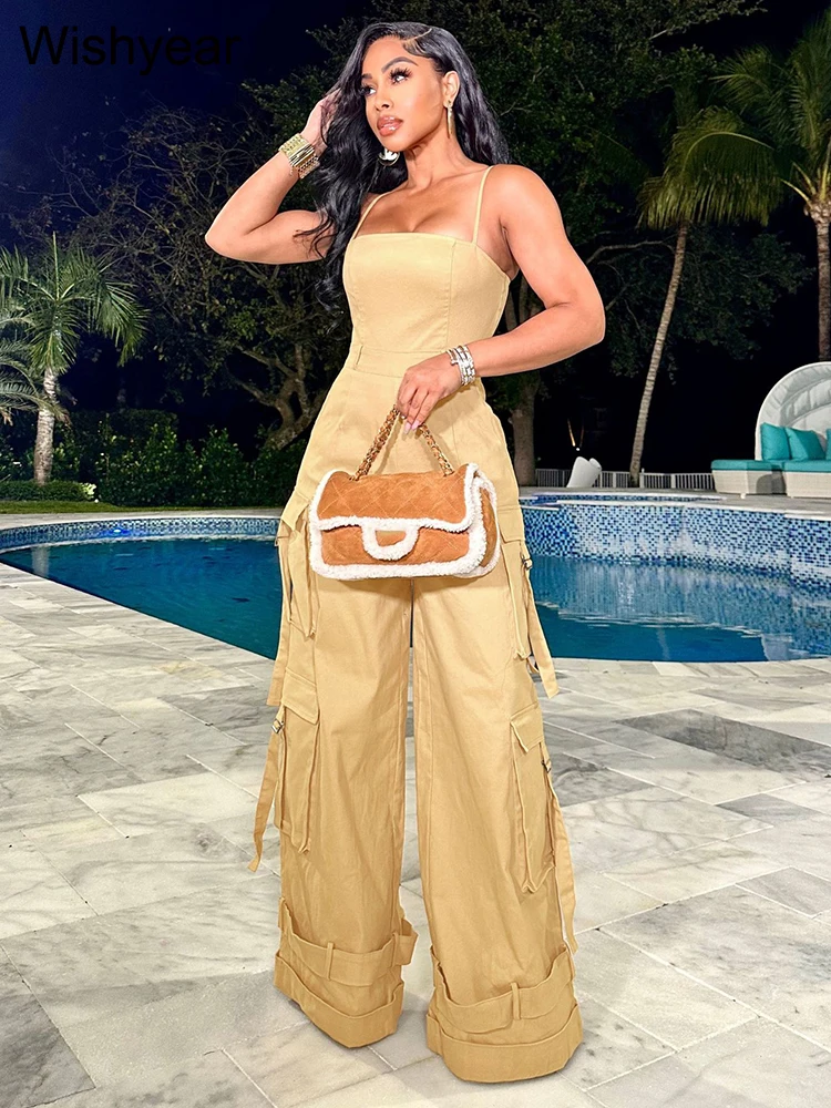 Fashion Multi Pocket Cargo Pants Wide Leg Jumpsuit Rompers Women Khaki Spaghetti Strap Backless One Piece Overalls Streetwear