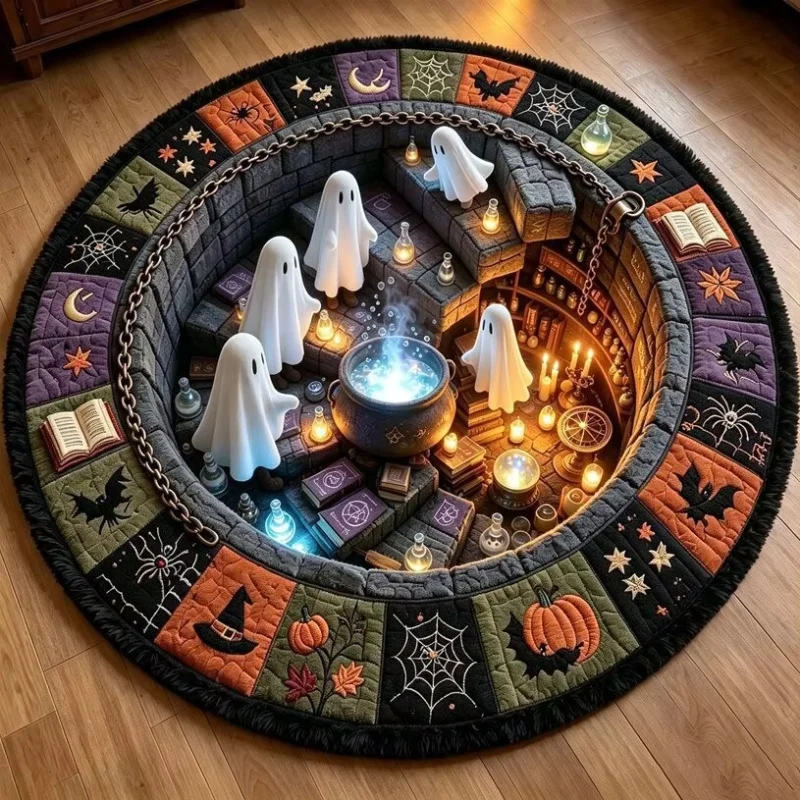Halloween Witch Vortex Optical Illusion Round Rug,Colorful Checkered Plaid Swirl Hole Creepy Figure Print,Household Carpet
