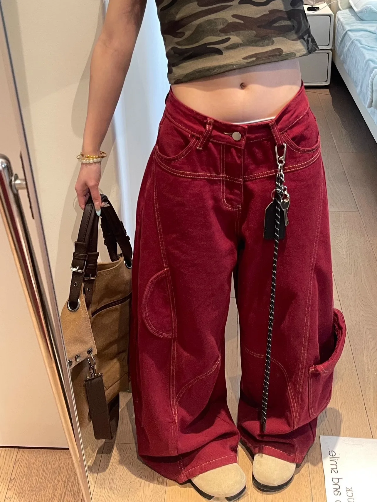 Street Red Vintage Jeans New Y2K Harajuku Hip Hop American Streetwear Wide Leg Classic Denim Pants Lazy Comfortable Chic Style