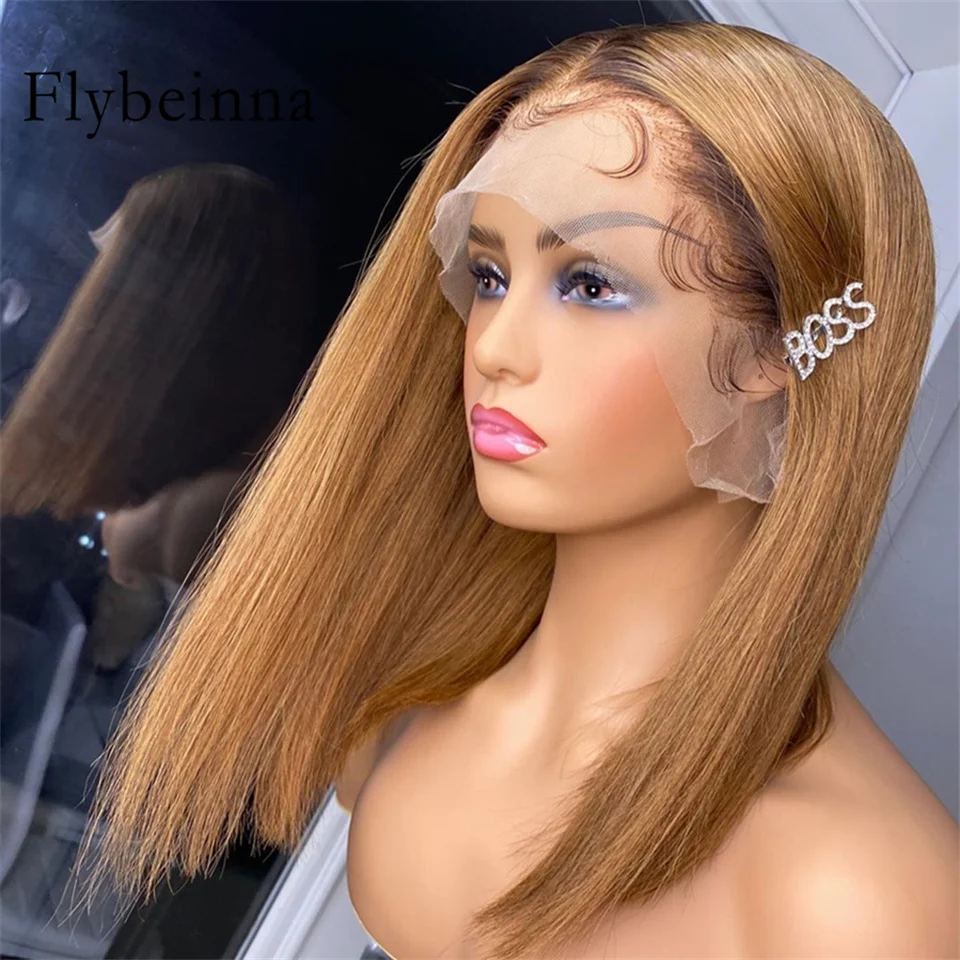 

Straight Bob Lace Frontal Wigs #4/27 Short Bob Glueless Human Hair Wigs Honey 13x4 Brown Blonde HD Lace Front Human Hair Wigs