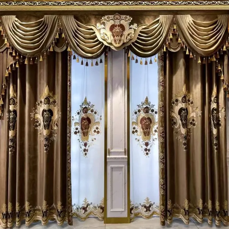 

European Villa Luxury Curtains Living Room American Style Bedroom Blackout Coffee Colored Palace Velvet Patchwork Embroidered