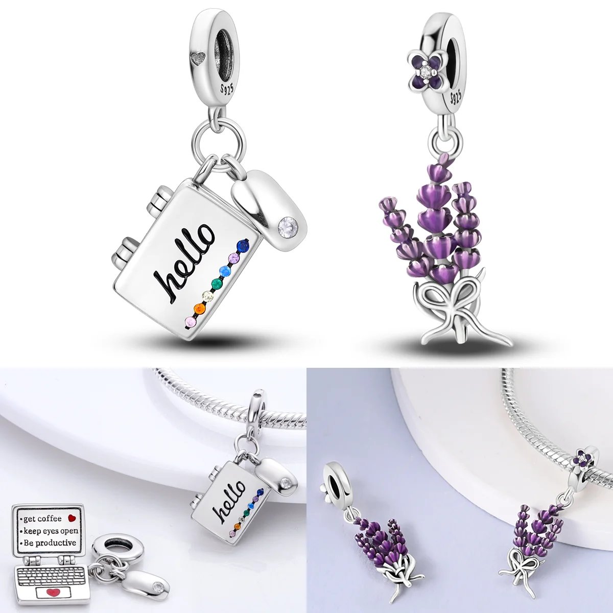 925 Sterling Silver Lavender Charms Bead CZ Zircon Notebook Mouse Dangle Fit Original Bracelet DIY Women Jewelry