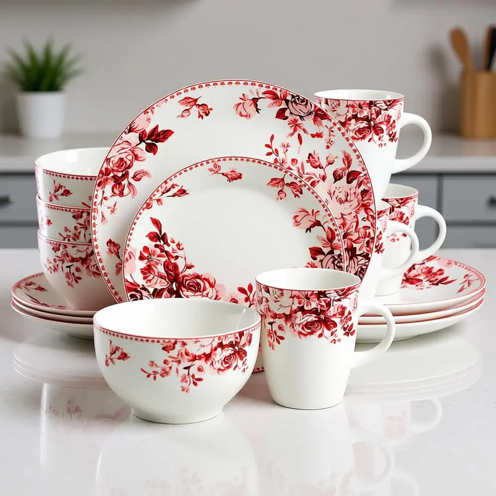 

Набор посуды из 16 предметов, сервиз на 4 персоны, красный