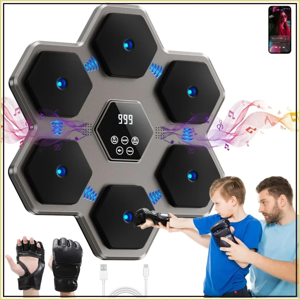Music Boxing Machine with Gloves for Adults & Kids, 5-Button LCD Touch, 17.3'' Wall Mounted, Bluetooth Speaker