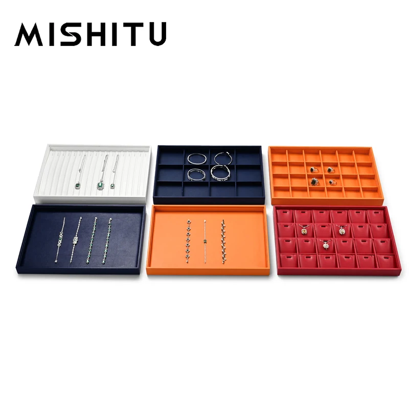 

MISHITU PU Leather Jewelry Display Tray Stackable Storage Necklace Bracelet Ring Watch Drawer Organizer Showcase Jewelry Tray