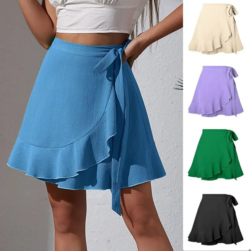 2024 Summer One Piece Lace Up Skirt High Waist Solid Color Ruffle Edge Short Skirt for Women