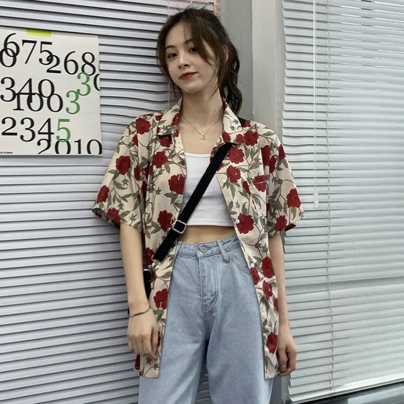 Women Shirts Short Sleeve Summer Sum-proof Harajuku Rose Print Vintage Retro Korean Style Loose Teens Streetwear Chic Tops 2022