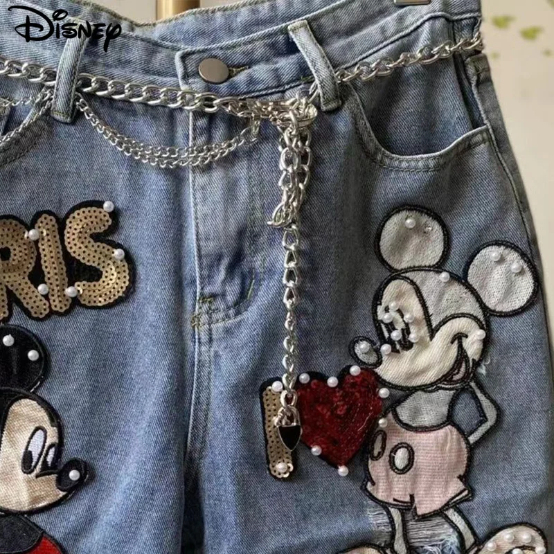 Disney New Arrival moda z najwyższej półki bawełniana damska haftowana koralikami z miki myszka letnia duże nieregularne z wysokim stanem