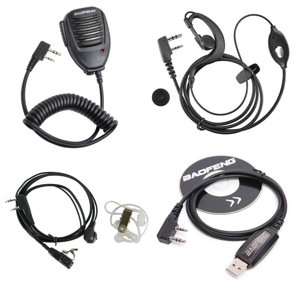 Baofeng Set Aksesori Walkie Talkie UV-5R, Headset Earpiece genggam kabel pemrograman mikrofon