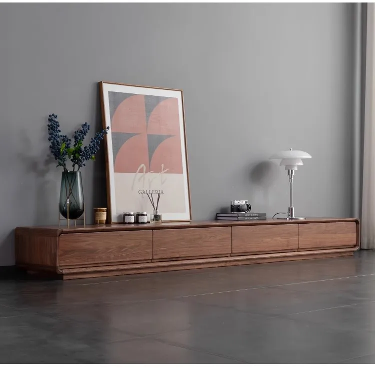 Modern Black Walnut TV Stand Solid Wood Media Console Small Apartment Living Room Floor Cabinet Customizable Storage Unit