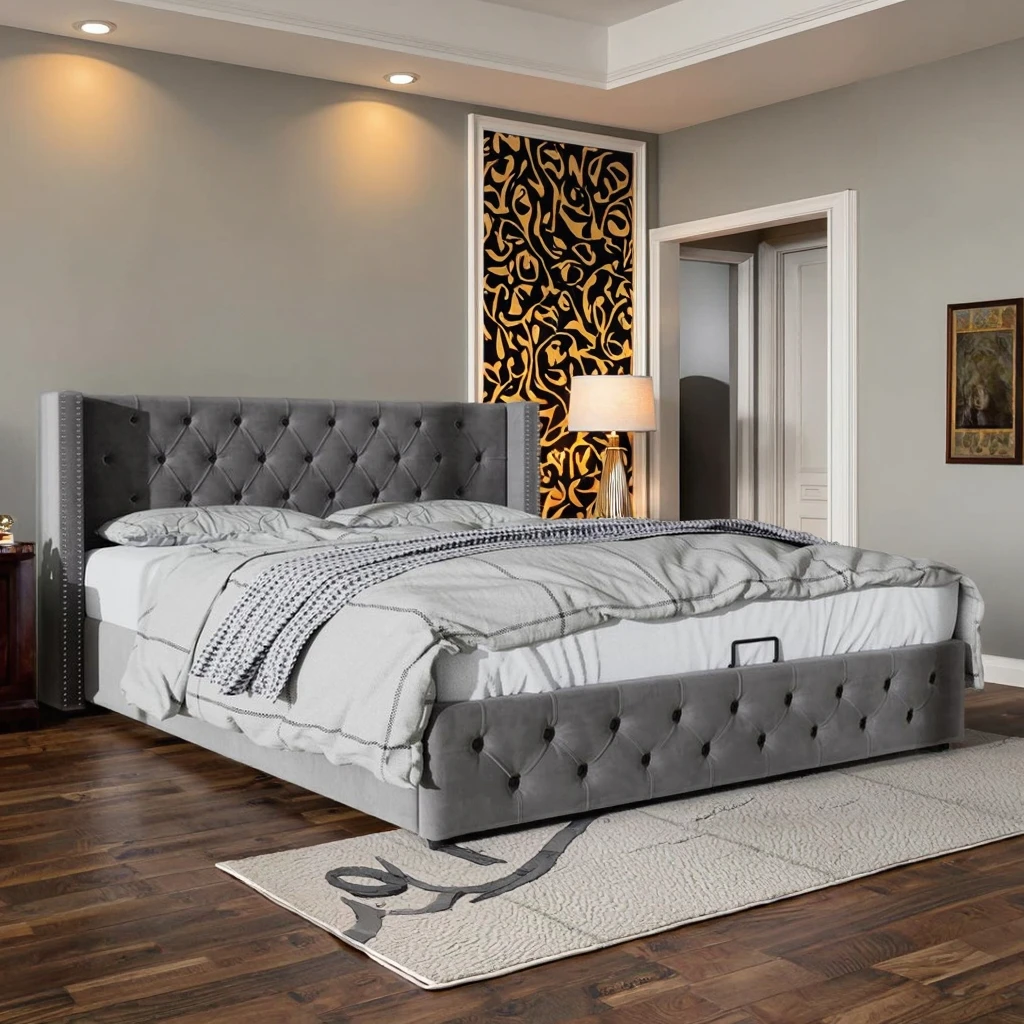 

Luxury Modern Design Double Bed Up-Holstered with Storage for Bedrooms Hotels and Apartments