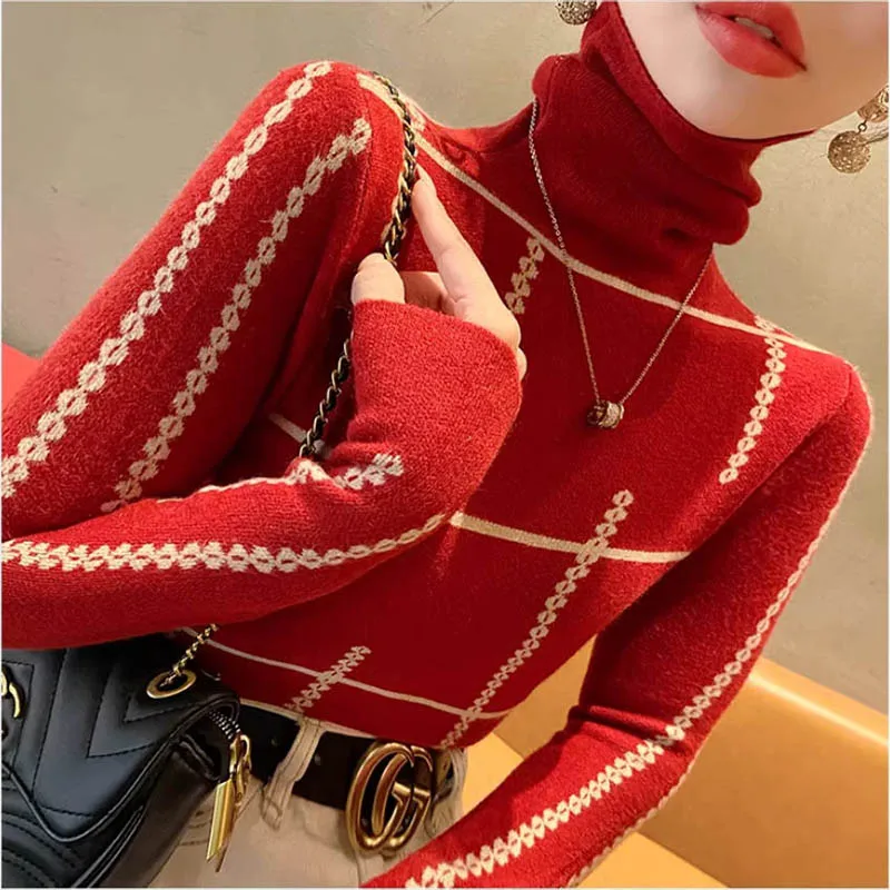 Autumn Winter Fashion Casual Long Sleeve Turtleneck Sweaters Women Clothing Elegant Chic Slim Knit Pullovers New Year Red Tops