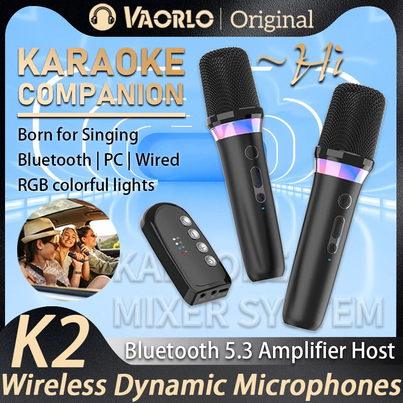 DS-K2 Karaoke towarzysz Bluetooth 5.3 bezprzewodowy mikrofon z ruchomą cewką z światło RGB systemem miksera KTV DSP do przewodowego głośnika