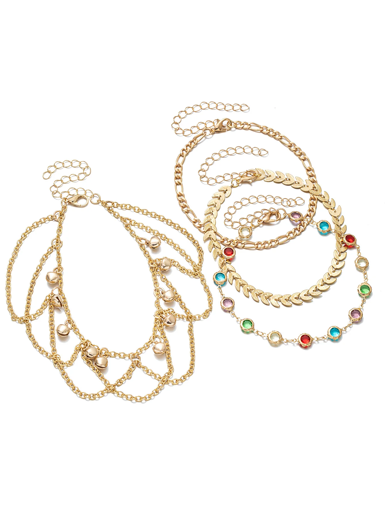 Women's Multi-Layer Stackable Anklets, Colored Rhinestone Bell Beach Foot Jewelry, Niche Design Vacation Style Ankle Chains